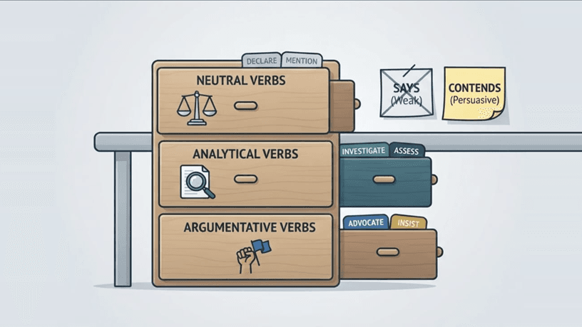 Signal phrase verbs sorted into neutral, analytical, and argumentative categories, with says versus contends compared