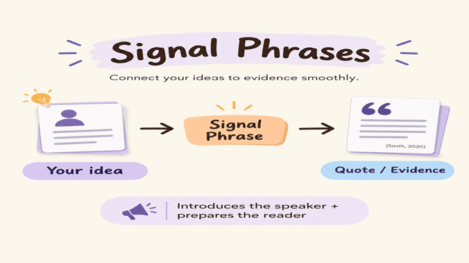 Diagram showing how a signal phrase connects your own idea to a quoted source in academic writing