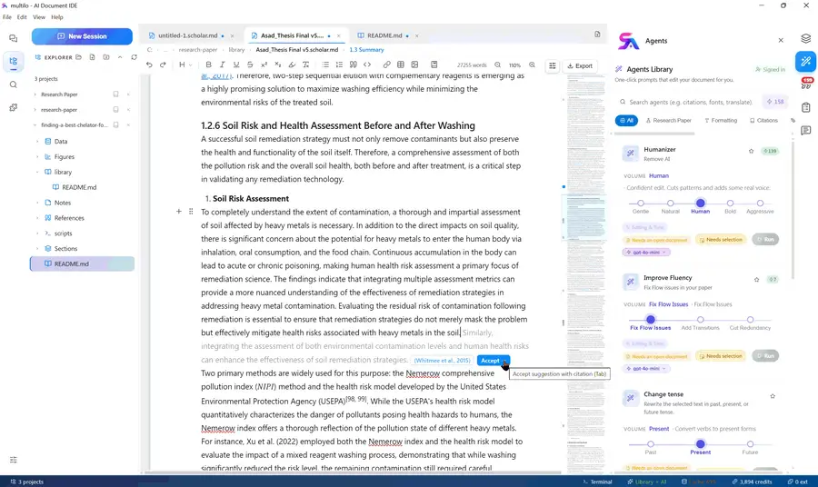 Writing in Multilo with inline AI suggestions appearing as you type.